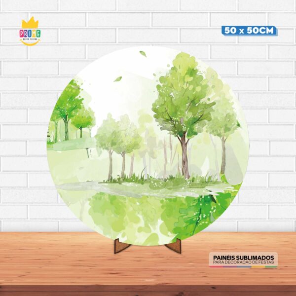 Painel Redondo 3D Bosque Tecido 50cm X 50cm Com Suporte MDF