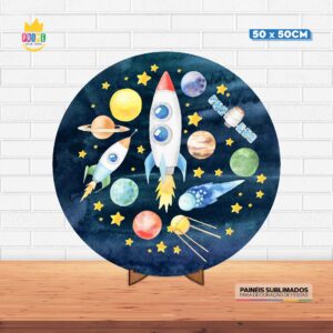 Painel Redondo 3D Astronauta Tecido 50cm X 50cm Com Suporte MDF