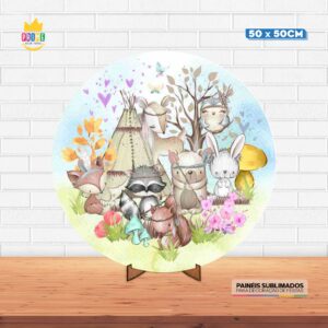 Painel Redondo 3D Bosque Encantado Tecido 50cm X 50cm Com Suporte MDF