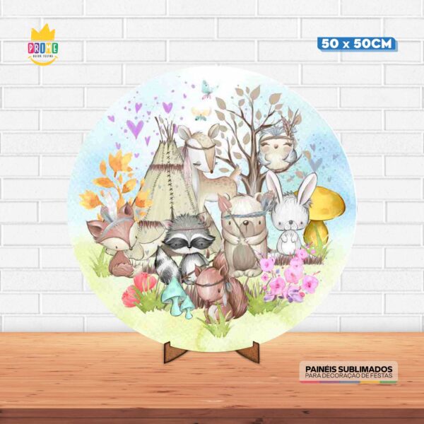Painel Redondo 3D Bosque Encantado Tecido 50cm X 50cm Com Suporte MDF