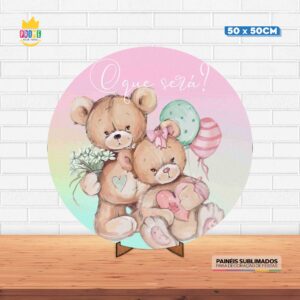 Painel Redondo 3D Chá Revelação Tecido 50cm X 50cm Com Suporte MDF
