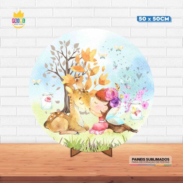 Painel Redondo 3D Bosque Fada Tecido 50cm X 50cm Com Suporte MDF