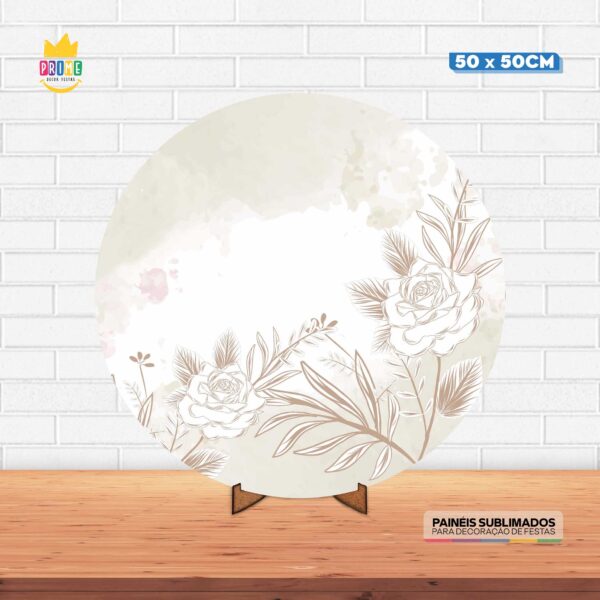 Painel Redondo 3D Floral Tecido 50cm X 50cm Com Suporte MDF