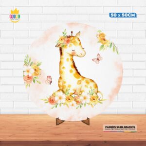 Painel Redondo 3D Girafa Cute Tecido 50cm X 50cm Com Suporte MDF