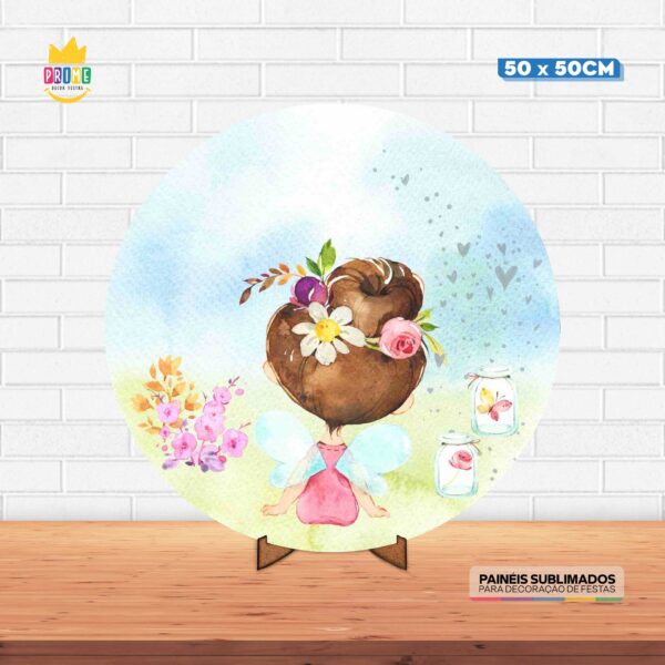 Painel Redondo 3D Bosque Fada Tecido 50cm X 50cm Com Suporte MDF