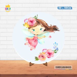 Painel Redondo 3D Fada Encantada Tecido 50cm X 50cm Com Suporte MDF