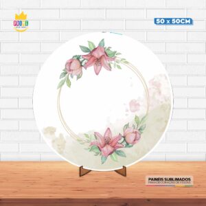 Painel Redondo 3D Floral Tecido 50cm X 50cm Com Suporte MDF