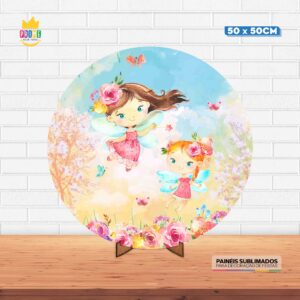 Painel Redondo 3D Fada Encantada Tecido 50cm X 50cm Com Suporte MDF