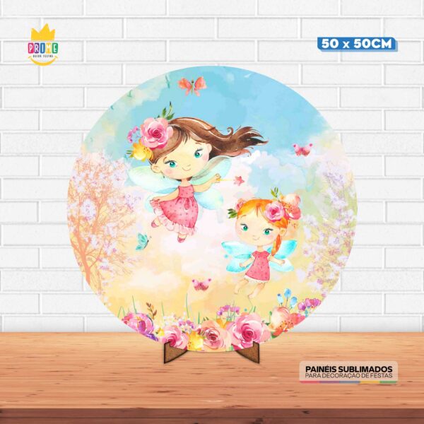 Painel Redondo 3D Fada Encantada Tecido 50cm X 50cm Com Suporte MDF