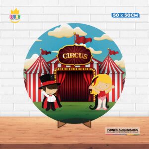 Painel Redondo 3D Circo Tecido 50cm X 50cm Com Suporte MDF