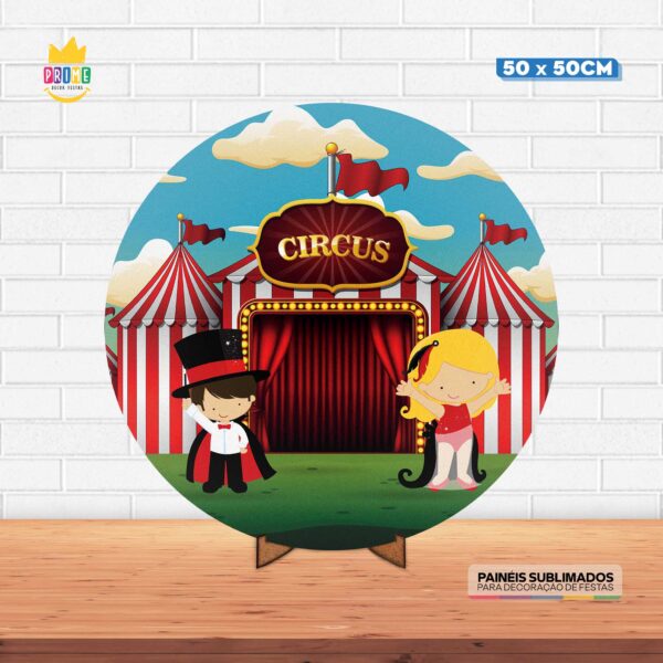 Painel Redondo 3D Circo Tecido 50cm X 50cm Com Suporte MDF
