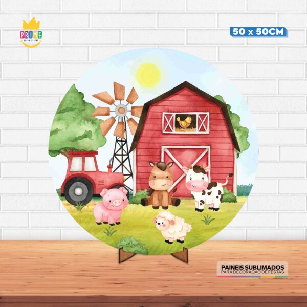 Painel Redondo 3D Fazendinha Tecido 50cm X 50cm Com Suporte MDF
