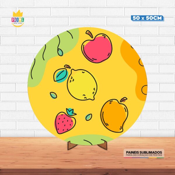 Painel Redondo 3D Frutas Tecido 50cm X 50cm Com Suporte MDF
