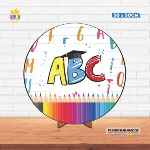 Painel Redondo 3D Escola Tecido 50cm X 50cm Com Suporte MDF
