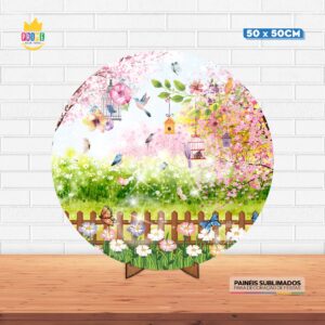 Painel Redondo 3D Jardim Encantado Tecido 50cm X 50cm Com Suporte MDF