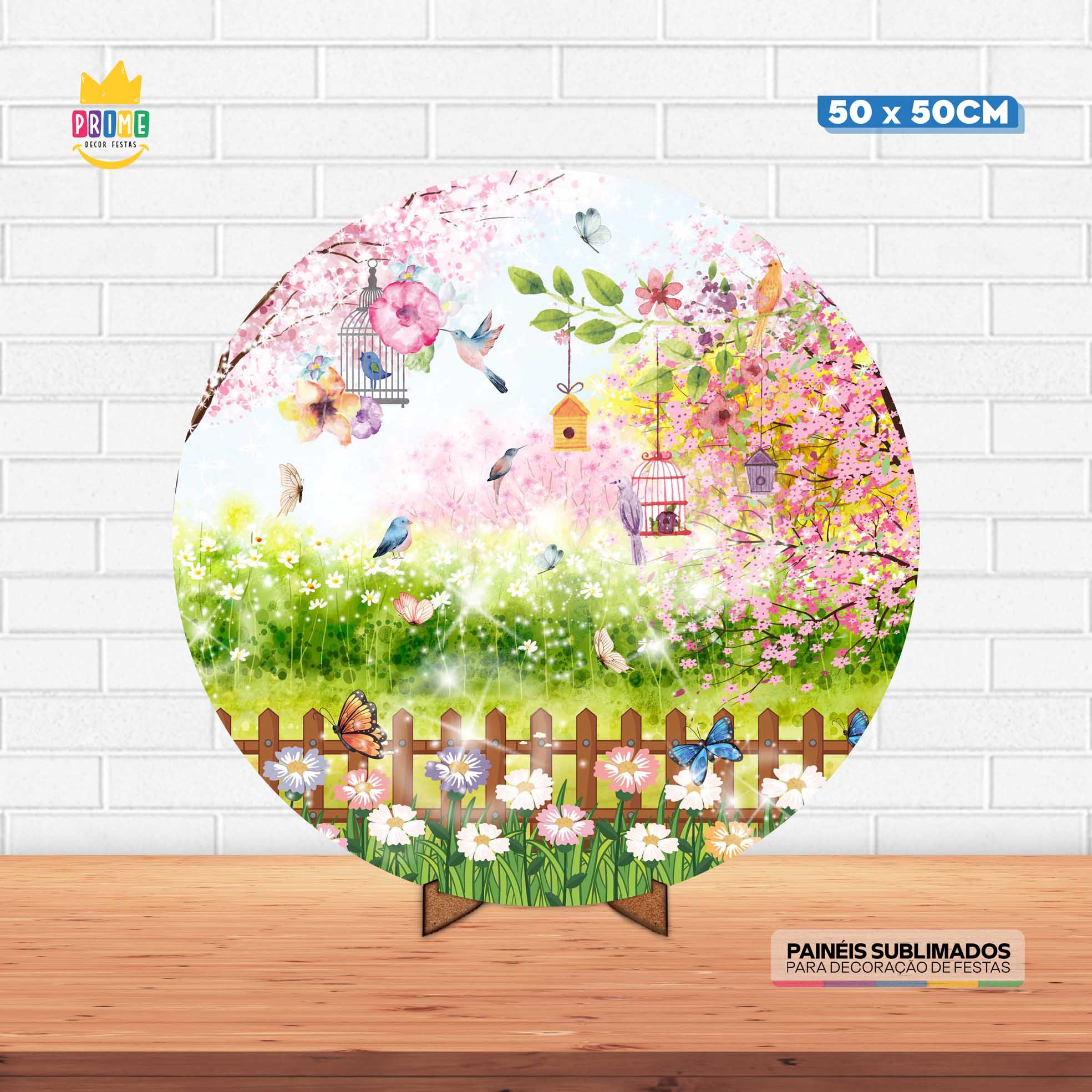 Painel Redondo 3D Jardim Encantado Tecido 50cm X 50cm Com Suporte MDF