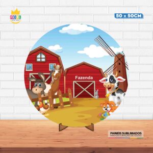 Painel Redondo 3D Fazenda Tecido 50cm X 50cm Com Suporte MDF