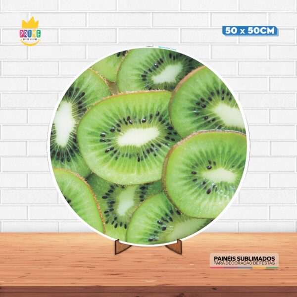 Painel Redondo 3D Kiwi Fruta Tecido 50cm X 50cm Com Suporte MDF