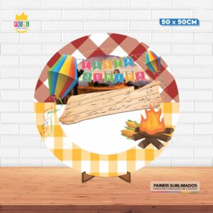 Painel Redondo 3D Festa Junina Tecido 50cm X 50cm Com Suporte MDF