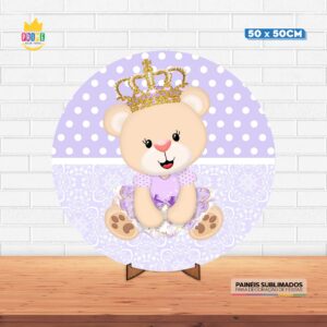 Painel Redondo 3D Princesa Ursinha Tecido 50cm X 50cm Com Suporte MDF
