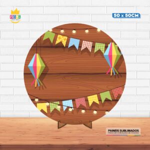 Painel Redondo 3D Festa Junina Tecido 50cm X 50cm Com Suporte MDF
