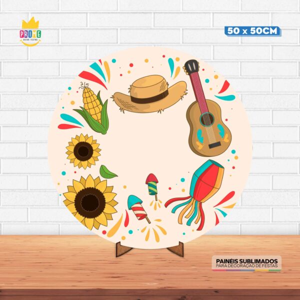 Painel Redondo 3D Festa Junina Tecido 50cm X 50cm Com Suporte MDF