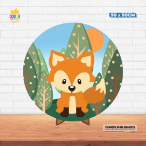Painel Redondo 3D Raposinha Tecido 50cm X 50cm Com Suporte MDF