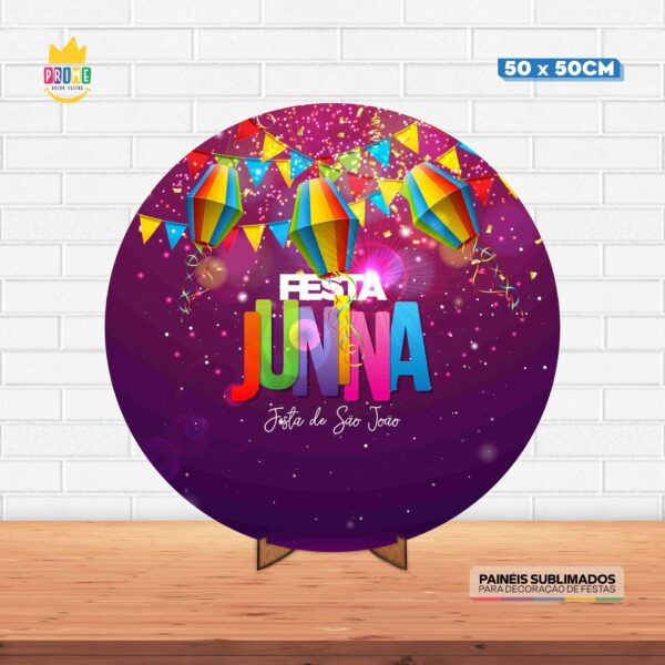 Painel Redondo 3D Festa Junina Tecido 50cm X 50cm Com Suporte MDF