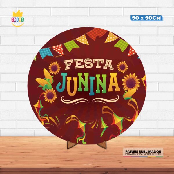 Painel Redondo 3D Festa Junina Tecido 50cm X 50cm Com Suporte MDF