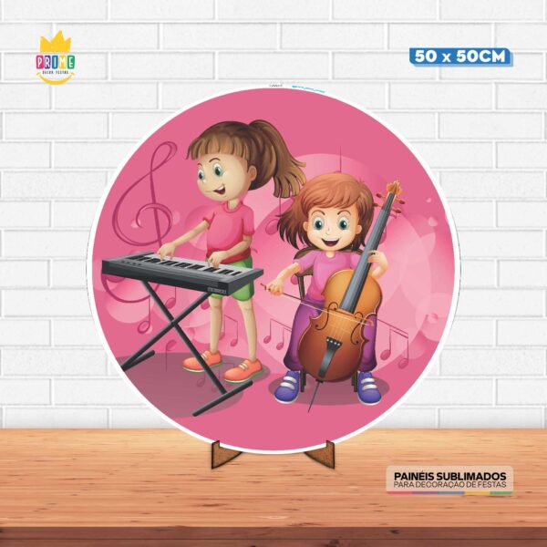 Painel Redondo 3D Musica Tecido 50cm X 50cm Com Suporte MDF
