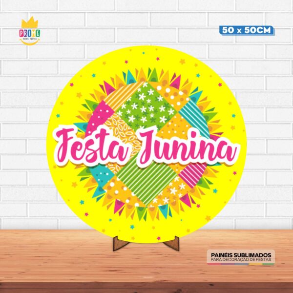 Painel Redondo 3D Festa Junina Amarelo Tecido 50cm X 50cm Com Suporte MDF