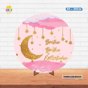 Painel Redondo 3D Brilha Brilha Estrelinha Tecido 50cm X 50cm Com Suporte MDF