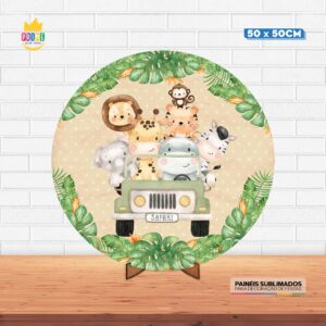 Painel Redondo 3D Safari Tecido 50cm X 50cm Com Suporte MDF