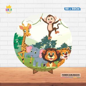 Painel Redondo 3D Safari Tecido 50cm X 50cm Com Suporte MDF
