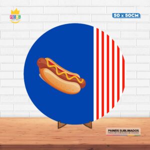 Painel Redondo 3D Cachorro Quente Tecido 50cm X 50cm Com Suporte MDF