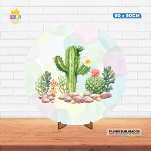 Painel Redondo 3D Cactos Tecido 50cm X 50cm Com Suporte MDF