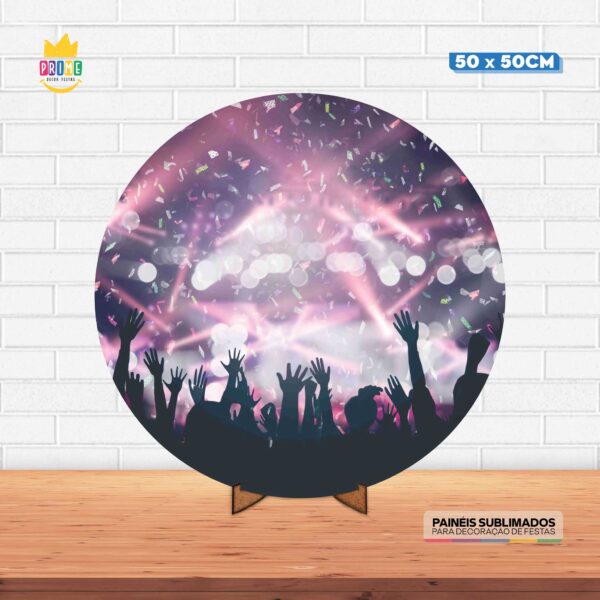 Painel Redondo 3D Festa Neon Tecido 50cm X 50cm Com Suporte MDF
