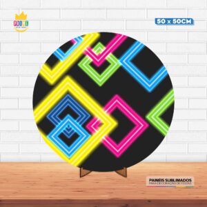 Painel Redondo 3D Festa Neon Tecido 50cm X 50cm Com Suporte MDF