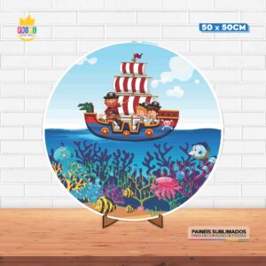 Painel Redondo 3D Pirata Baby Tecido 50cm X 50cm Com Suporte MDF