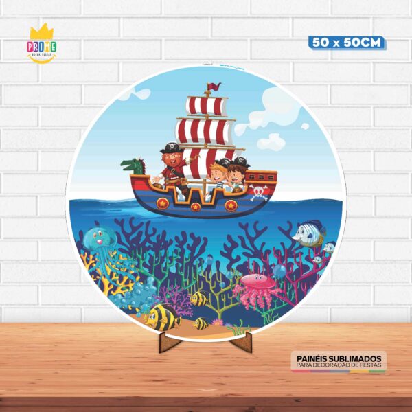 Painel Redondo 3D Pirata Baby Tecido 50cm X 50cm Com Suporte MDF