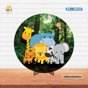 Painel Redondo 3D Safari Tecido 50cm X 50cm Com Suporte MDF