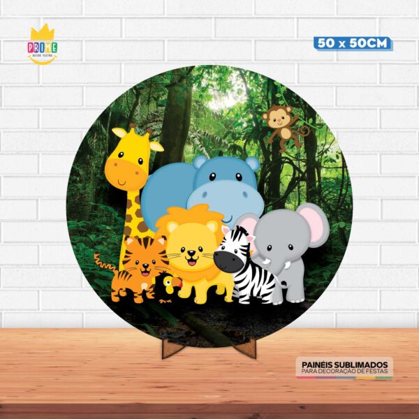 Painel Redondo 3D Safari Tecido 50cm X 50cm Com Suporte MDF