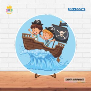 Painel Redondo 3D Pirata Baby Tecido 50cm X 50cm Com Suporte MDF