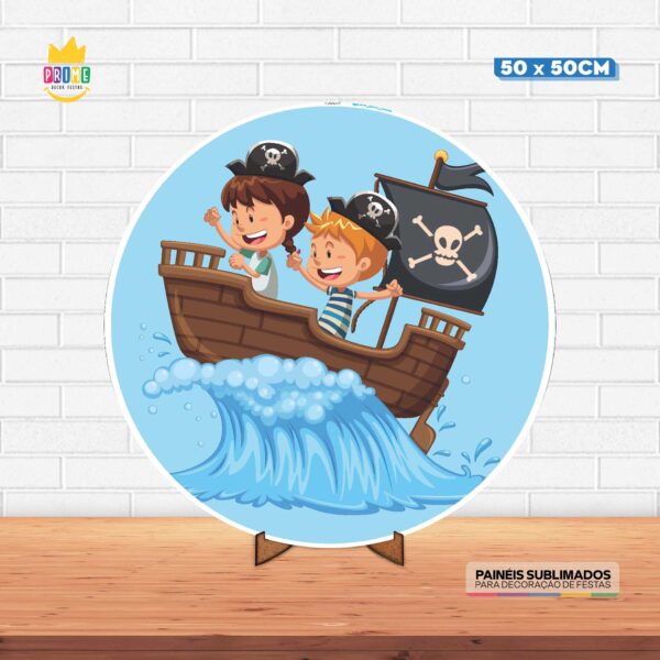 Painel Redondo 3D Pirata Baby Tecido 50cm X 50cm Com Suporte MDF