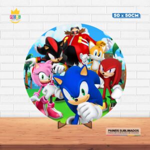 Painel Redondo 3D Sonic Tecido 50cm X 50cm Com Suporte MDF