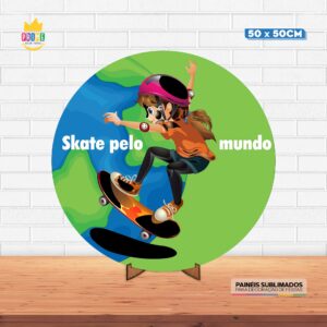 Painel Redondo 3D Skate Tecido 50cm X 50cm Com Suporte MDF