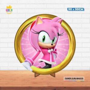 Painel Redondo 3D Amy Rose Sonic Tecido 50cm X 50cm Com Suporte MDF