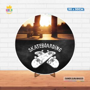 Painel Redondo 3D Skate Tecido 50cm X 50cm Com Suporte MDF