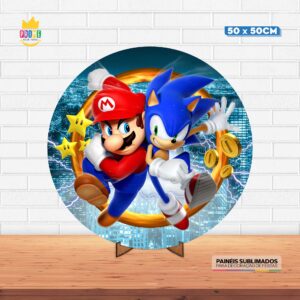 Painel Redondo 3D Sonic VS Mario Tecido 50cm X 50cm Com Suporte MDF