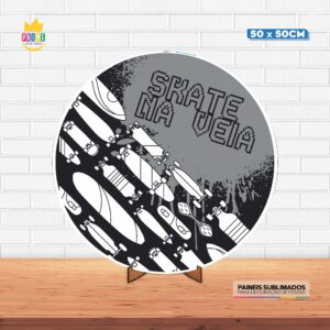 Painel Redondo 3D Skate Tecido 50cm X 50cm Com Suporte MDF